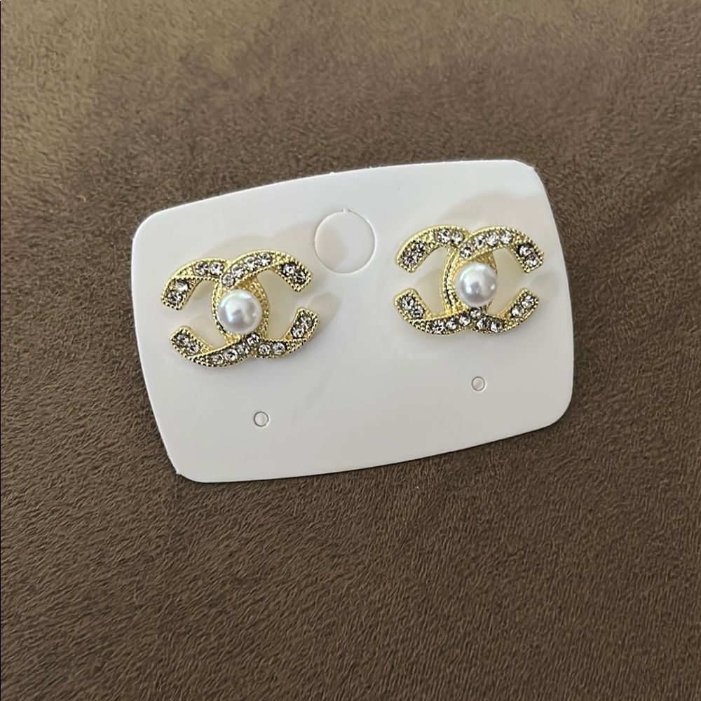 Gold and White Crystal Stud Earrings